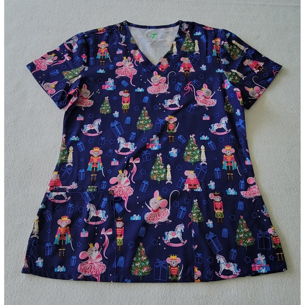 GT Performance SIZE S Women's‎ V Neck Medical Scrub Merry Christmas Blue